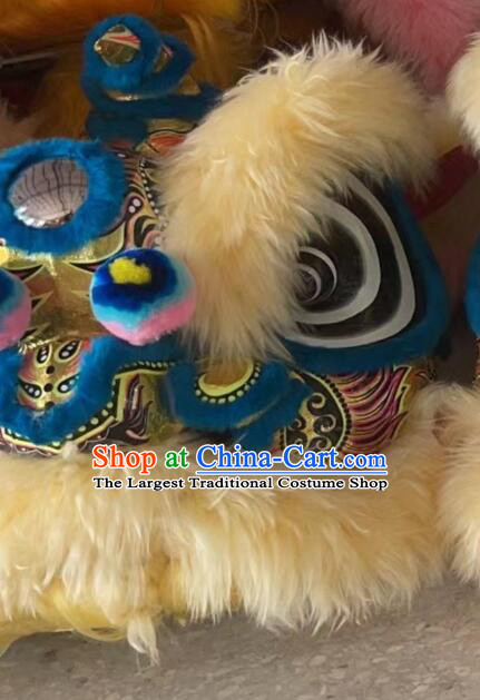 Chinese Performance and Competition Blue Lion Top Handmade Light Gold Wool Hok San Lion Dance Costumes Complete Set