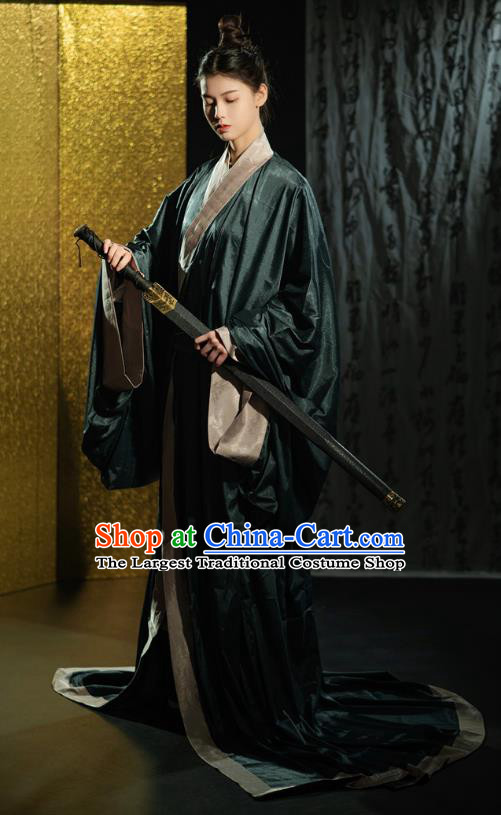 Chinese Ancient Swordsman Costume Traditional Han Fu Dark Green Straight Front Robe Qin Dynasty Childe Clothing