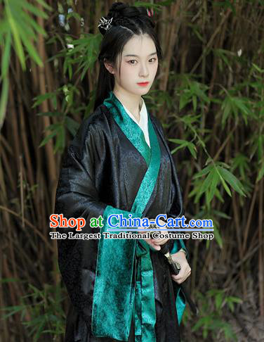 Chinese Warring States Period Female Swordsman Garment Costume Ancient Heroine Black Dress Traditional Han Fu Straight Front Robe