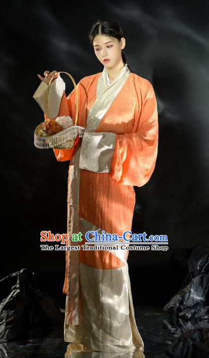 Chinese Traditional Han Fu Curving Front Robe Qin Dynasty Empress Garment Costume Ancient Palace Lady Orange Dress