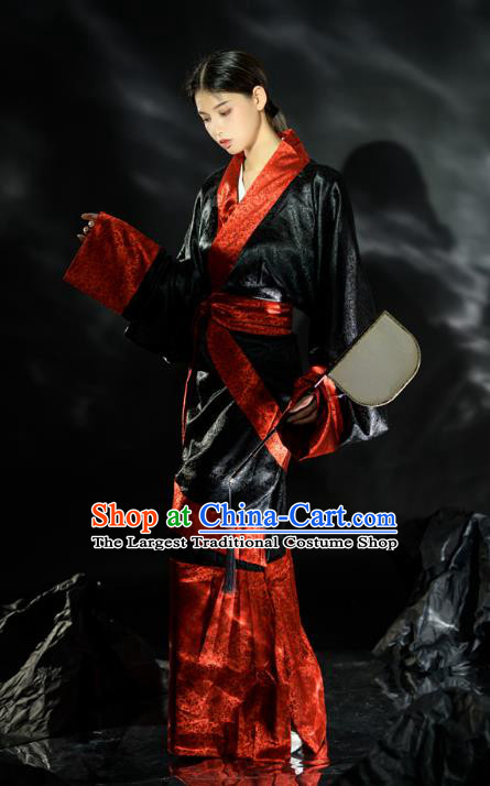 Chinese Ancient Palace Lady Black Dress Traditional Han Fu Curving Front Robe Qin Dynasty Empress Garment Costume