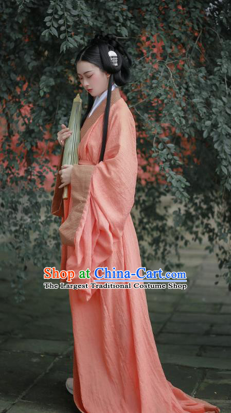 Chinese Qin Dynasty Princess Garment Costume Ancient Young Beauty Pink Dress Traditional Han Fu Straight Front Robe