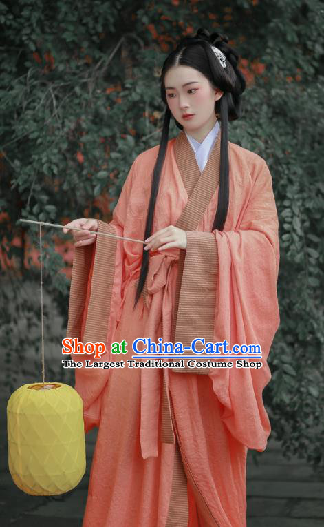 Chinese Qin Dynasty Princess Garment Costume Ancient Young Beauty Pink Dress Traditional Han Fu Straight Front Robe