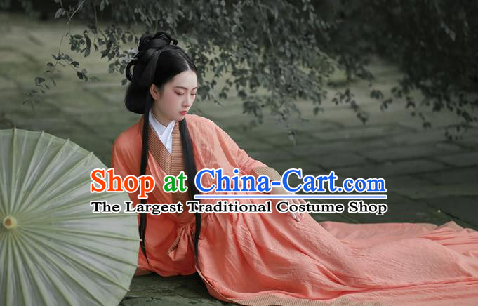 Chinese Qin Dynasty Princess Garment Costume Ancient Young Beauty Pink Dress Traditional Han Fu Straight Front Robe