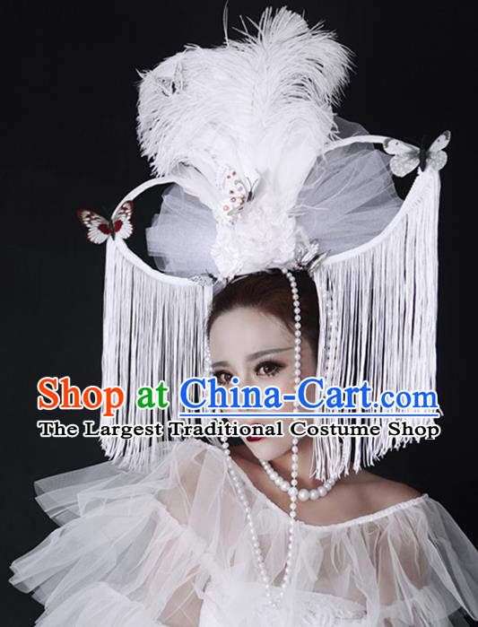 Top Model Contest Hair Accessories Catwalks White Tassel Crown Handmade Stage Show Feather Headdress