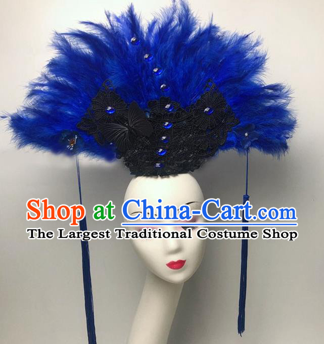 Chinese Handmade Stage Show Headdress Model Contest Deluxe Crown Catwalks Blue Feather Headpiece
