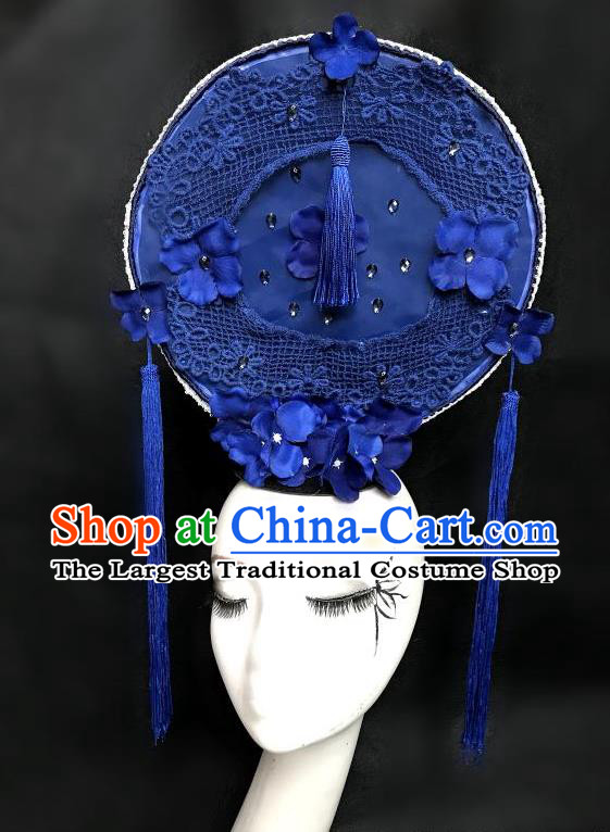Chinese Model Contest Lace Crown Catwalks Blue Tassel Headpiece Handmade Stage Show Headdress