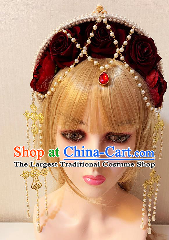 Handmade Red Rose Hair Jewelry Top Stage Show Headwear Catwalks Retro Velvet Royal Crown