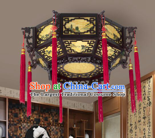 Chinese Wood Large Palace Lantern Hand Painted Landscape Ceiling Lantern