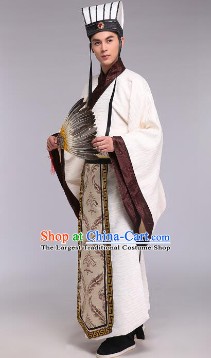 Chinese Ancient Military Strategist Zhuge Liang Costumes Three Kingdoms Period Counsellor Scholar Clothing and Hat Complete Set