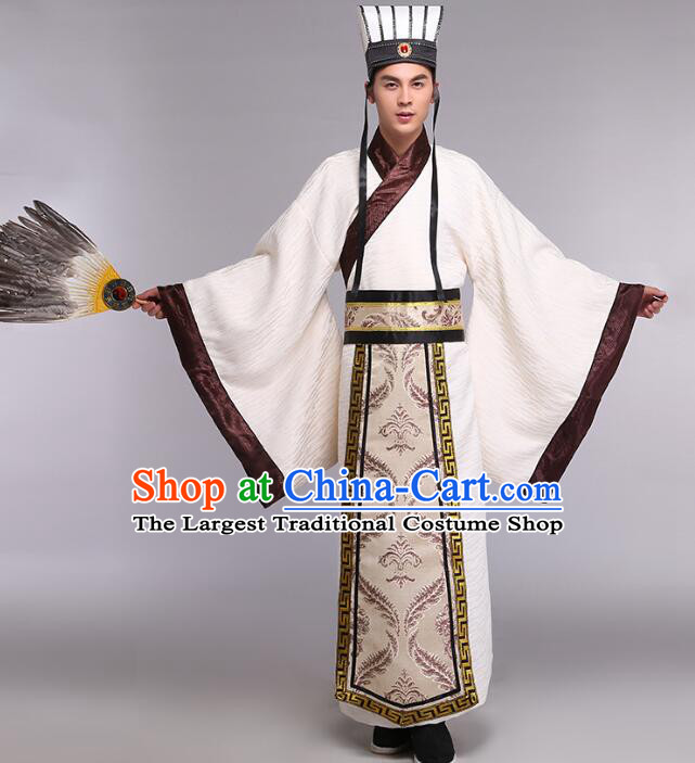 Chinese Ancient Military Strategist Zhuge Liang Costumes Three Kingdoms Period Counsellor Scholar Clothing and Hat Complete Set