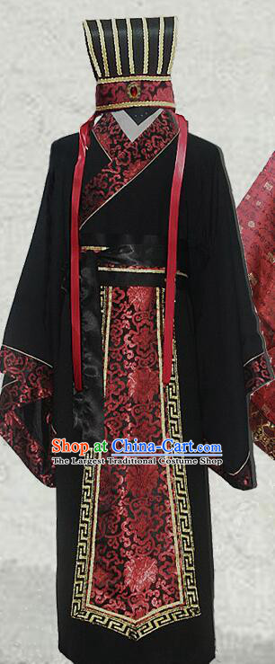 Chinese Han Dynasty Scholar Clothing and Hat Ancient Prince Black Costumes Complete Set
