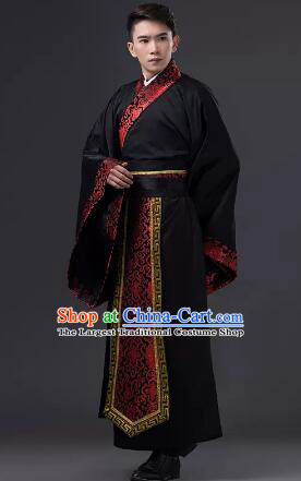 Chinese Han Dynasty Scholar Clothing and Hat Ancient Prince Black Costumes Complete Set