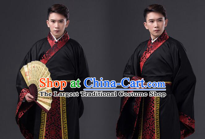 Chinese Han Dynasty Scholar Clothing and Hat Ancient Prince Black Costumes Complete Set