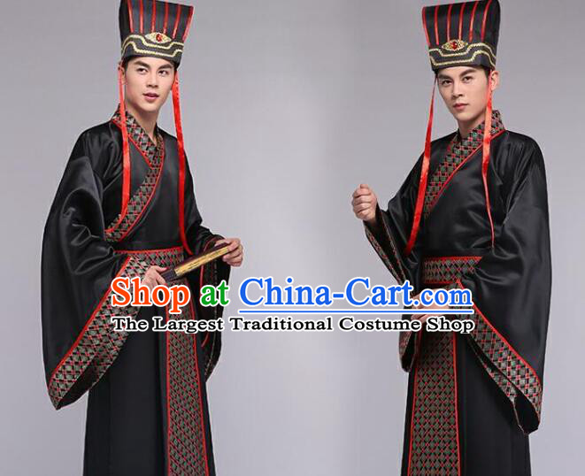 Chinese Ancient Scholar Black Costumes Han Dynasty Official Clothing and Hat