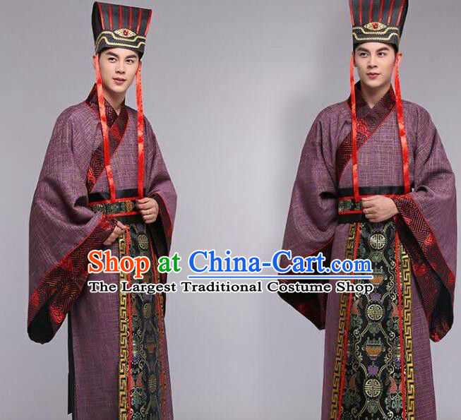 Chinese Han Dynasty Official Costumes Ancient Royal Prince Dark Purple Clothing and Headdress