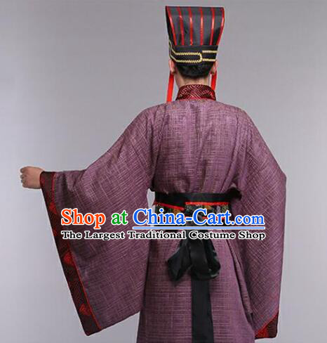 Chinese Han Dynasty Official Costumes Ancient Royal Prince Dark Purple Clothing and Headdress