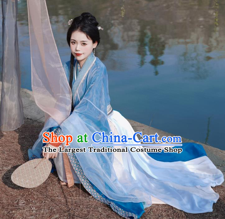 Chinese Wei Jin Northern and Southern Dynasties Women Costumes Ancient Princess Clothing China Hanfu Blue Dresses