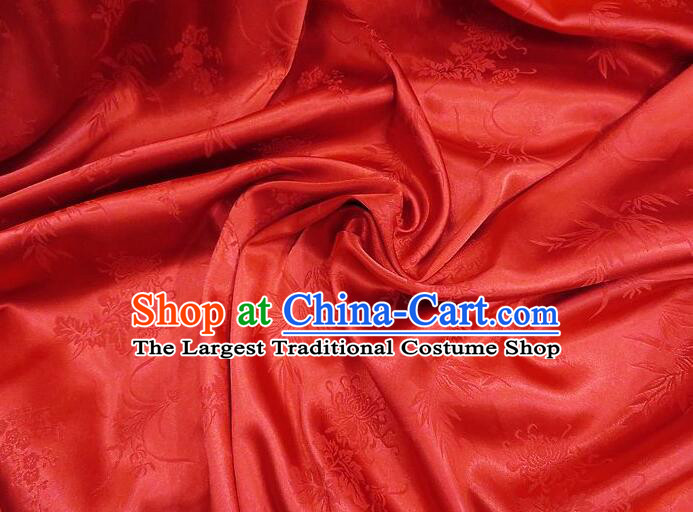 Chinese Classical Plum Orchids Bamboo Chrysanthemum Patterns Design Red Silk Traditional Jacquard Satin Fabric