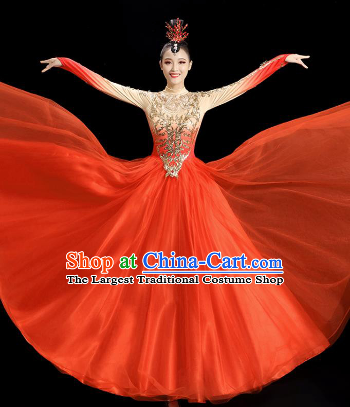 Professional Chorus Performance Costume Opening Dance Orange Dress Women Group Dance Clothing