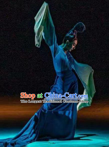 Chinese Women Group Dance Clothing Classical Dance Costume Spring Festival Gala Zhi Ci Qing Lu Blue Dress