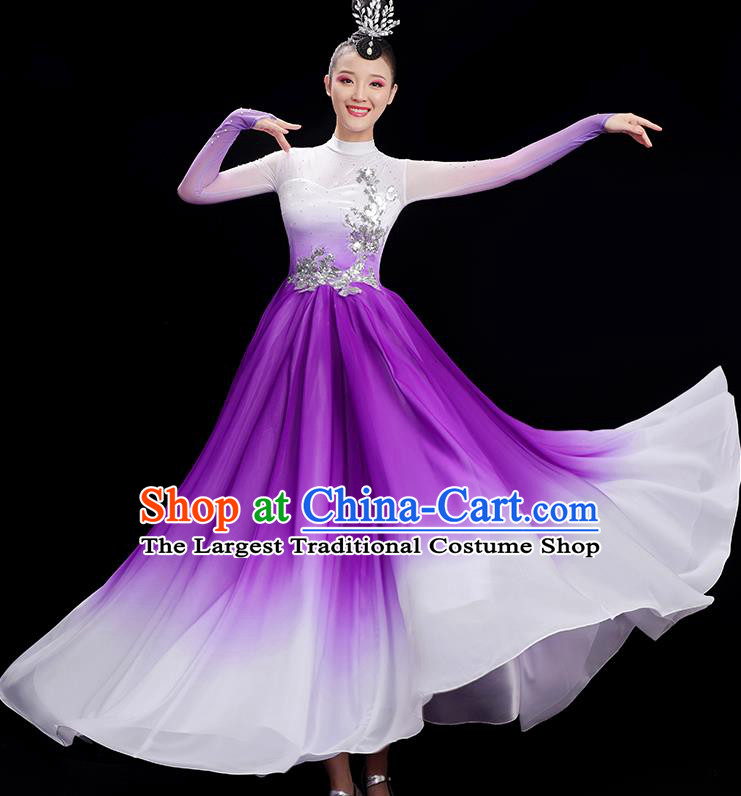 Chinese Women Group Chorus Clothing Umbrella Dance Costume Spring Festival Gala Dance Purple Dress