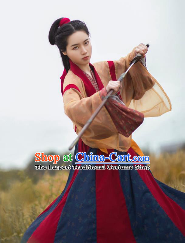 China Ancient Swordswoman Costumes Traditional Hanfu Dresses Jin Dynasty Heroine Hua Mulan Historical Clothing