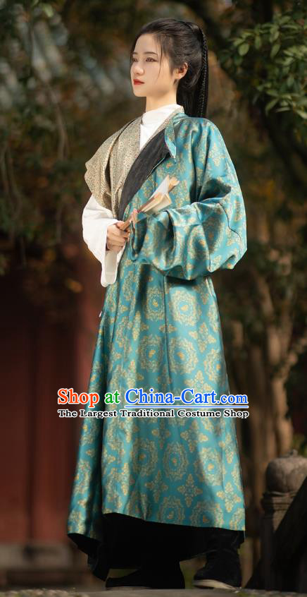 China Tang Dynasty Heroine Historical Clothing Ancient Swordswoman Costume Traditional Hanfu Blue Brocade Robe