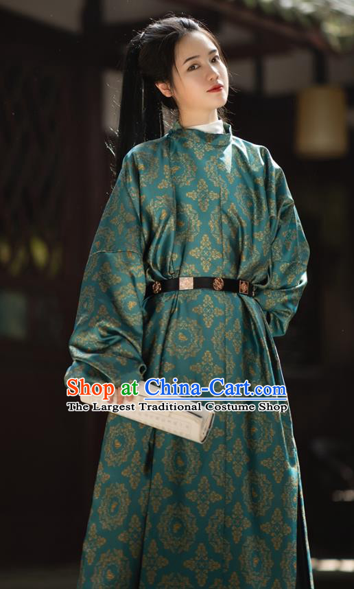 China Tang Dynasty Heroine Historical Clothing Ancient Swordswoman Costume Traditional Hanfu Green Brocade Robe
