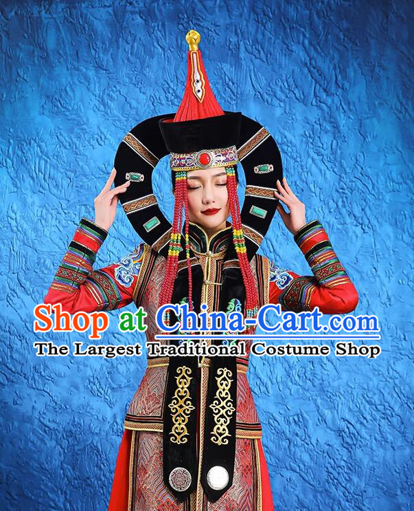 China Mongol Nationality Wedding Headwear Handmade Khorchin Ethnic Princess Hat Mongolian Nationality Festival Headdress