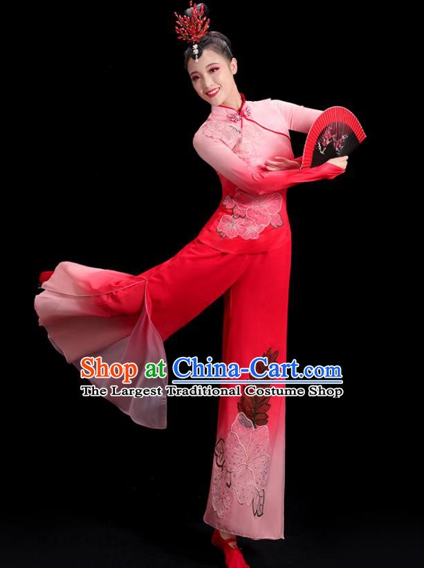 China Women Group Stage Show Red Uniform National Yangko Dance Costume Folk Dance Fan Dance Clothing