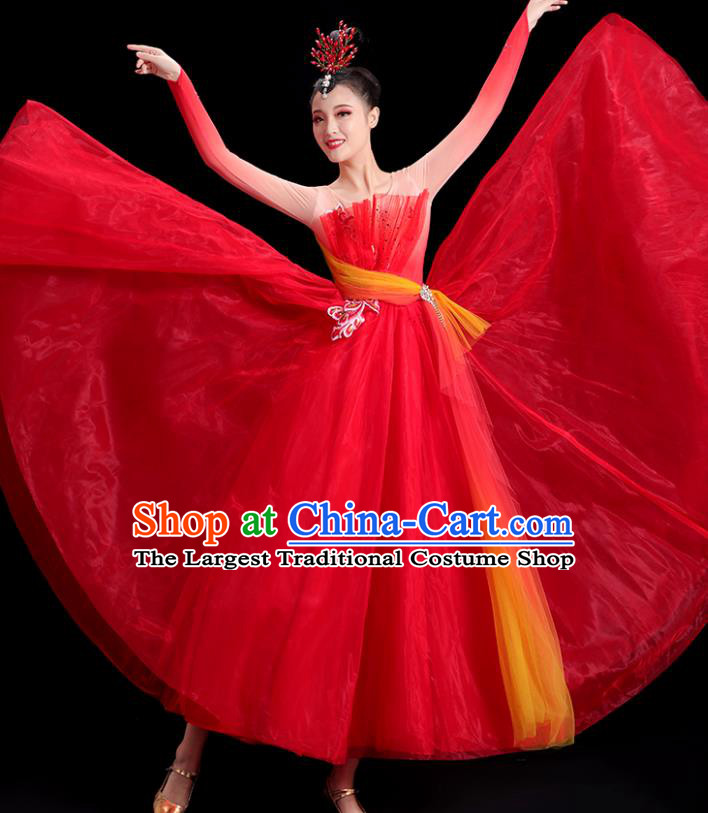 China Modern Dance Costume Opening Dance Clothing Women Group Stage Show Red Dress