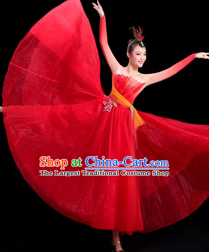 China Modern Dance Costume Opening Dance Clothing Women Group Stage Show Red Dress