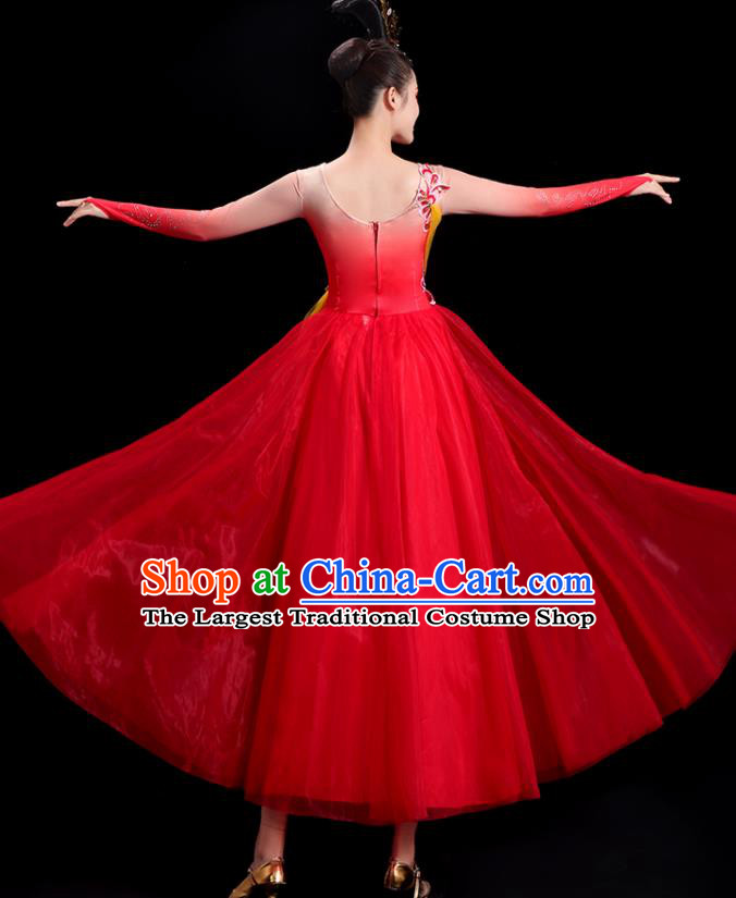 China Modern Dance Costume Opening Dance Clothing Women Group Stage Show Red Dress