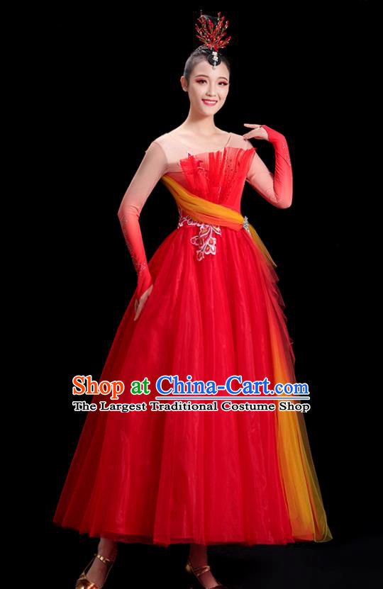 China Modern Dance Costume Opening Dance Clothing Women Group Stage Show Red Dress