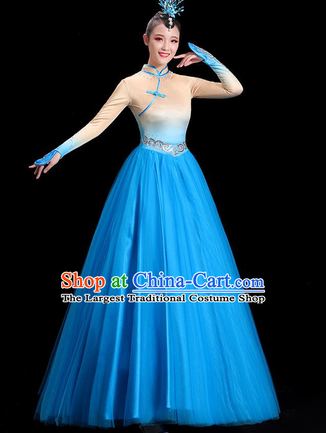 China Opening Dance Clothing Women Group Stage Show Blue Dress Yangko Dance Costume Mongolian Ethnic Dance Fashion