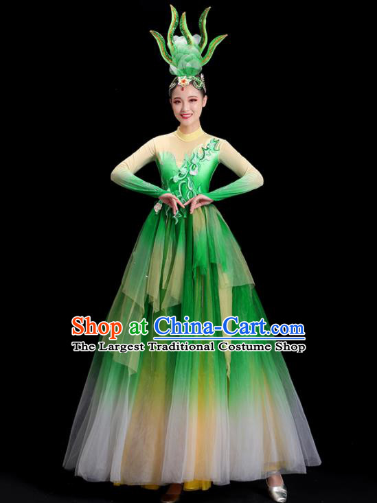 China Modern Dance Costume Flower Dance Fashion Opening Dance Clothing Women Group Stage Show Green Dress