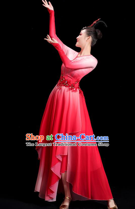 China Fan Dance Clothing Umbrella Dance Fashion Women Group Stage Show Red Dress Classical Dance Costume