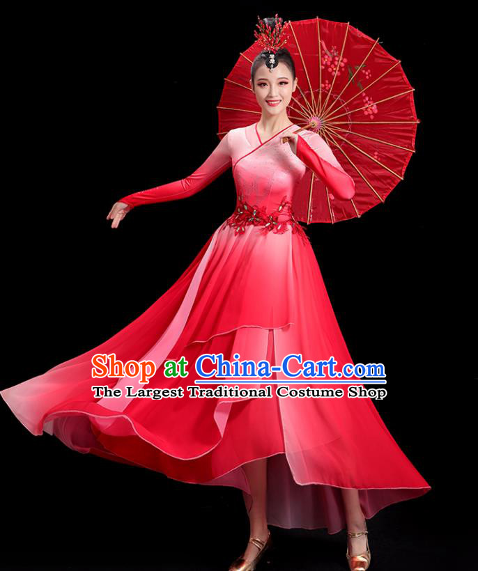 China Fan Dance Clothing Umbrella Dance Fashion Women Group Stage Show Red Dress Classical Dance Costume