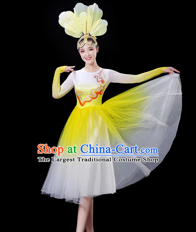 China Women Group Stage Show Yellow Dress Modern Dance Costume Chorus Clothing Opening Dance Fashion