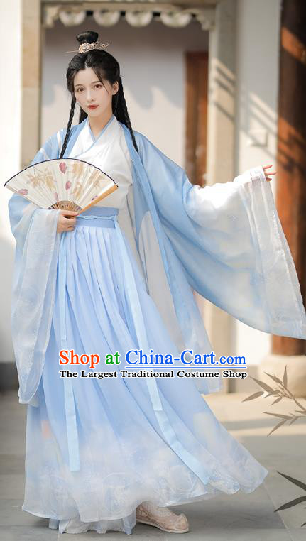 China Traditional Stage Show Hanfu Fashion Ancient Swordswoman Costumes Ming Dynasty Chivalrous Lady Blue Dresses