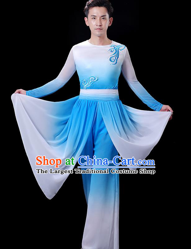 Top Drum Dance Costume Folk Dance White and Blue Outfit Male Group Fan Dance Clothing Stage Show Fashion