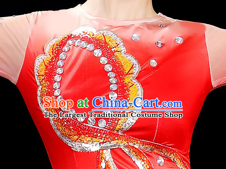 Top Women Group Stage Show Fashion Fan Dance Costume Yangko Dance Red Outfit Folk Dance Clothing