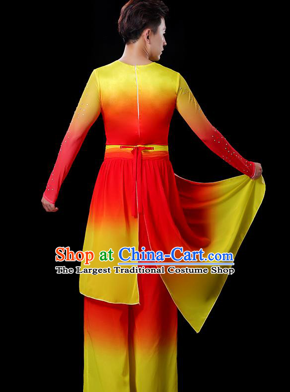 Top Stage Show Fashion Drum Dance Costume Folk Dance Red and Yellow Outfit Male Group Fan Dance Clothing