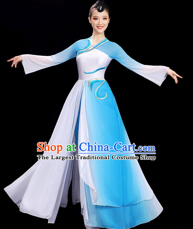 Chinese Fan Dance Show Costume Umbrella Dance Blue Outfit Group Dance Clothing Women Dancing Competition Fashion