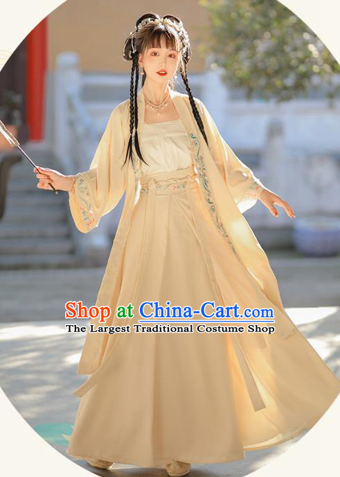 China Song Dynasty Young Lady Apricot Dresses Traditional Hanfu Garments Ancient Girl Costumes