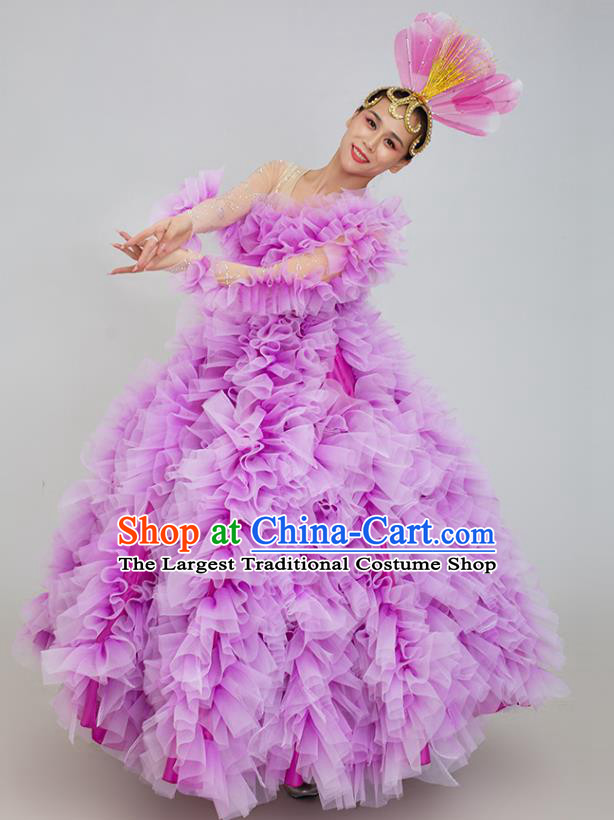 China Rose Dance Clothing Dancing Competition Purple Dress Women Group Show Opening Dance Costume