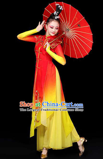 China Women Group Stage Performance Red Outfit Yangko Dance Costume Umbrella Dance Clothing
