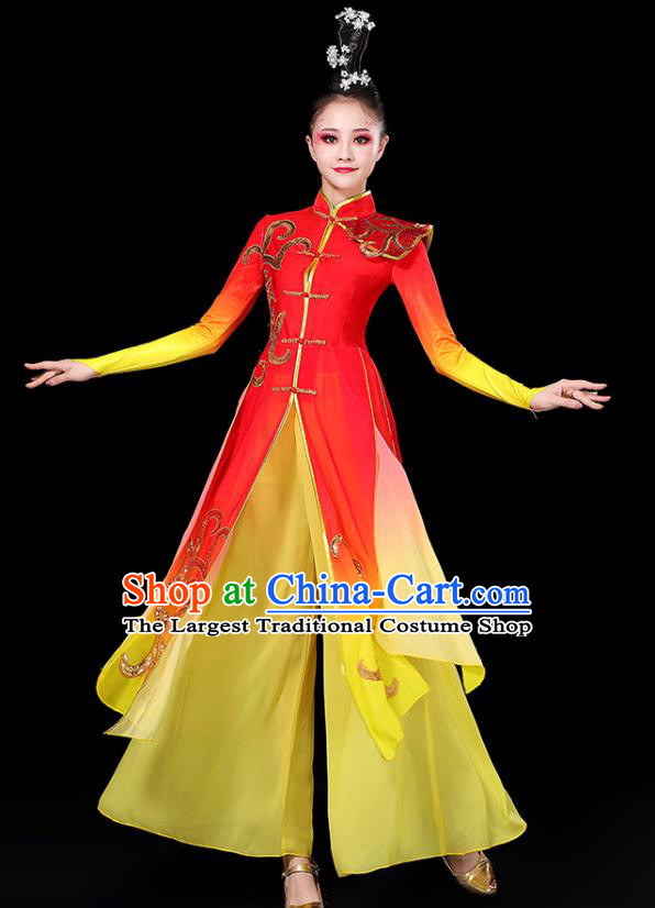 China Women Group Stage Performance Red Outfit Yangko Dance Costume Umbrella Dance Clothing