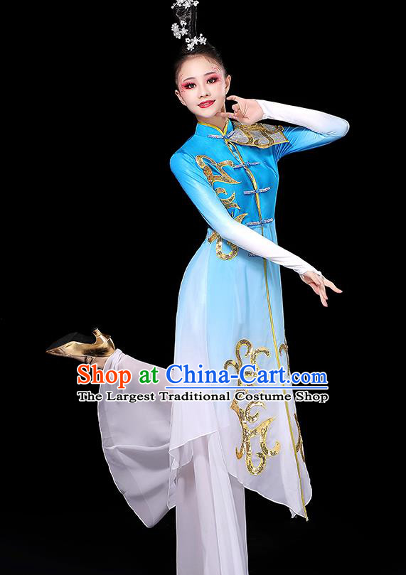 China Fan Dance Clothing Women Group Show Blue Outfit Yangko Dance Costume Stage Performance Dress
